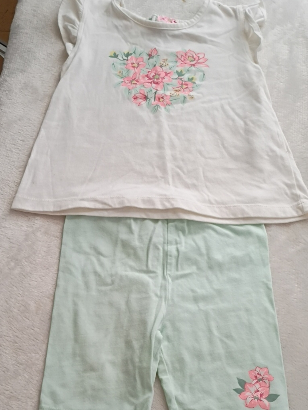 Little Lass White Top with Pink Floral Heart & Mint Shorts Pajama Set